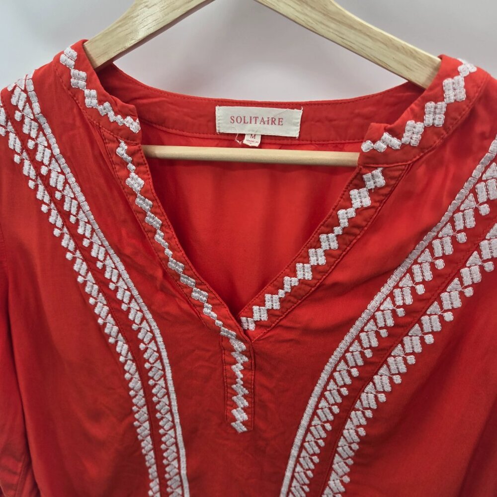 Solitare Orange Embroidered Boho V-Neck 3/4 sleeve Blouse Medium - Picture 7 of 10